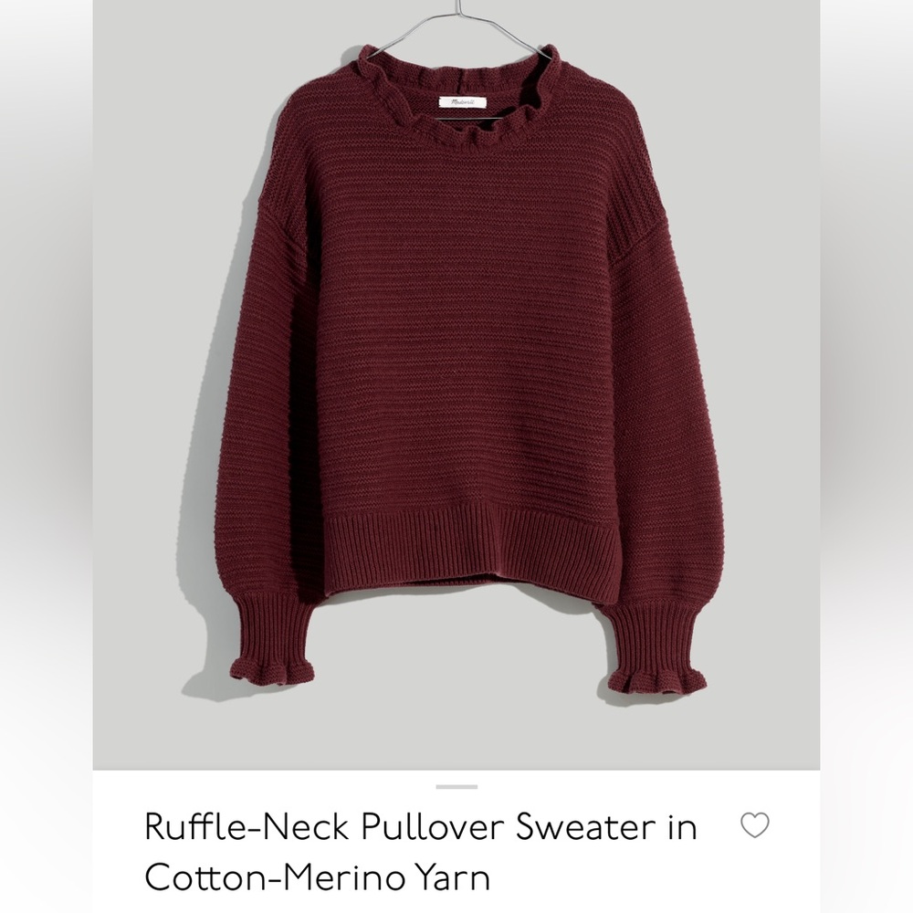 Madewell Burgundy Ruffle-Neck Sweater in Cotton-Merino Yarn